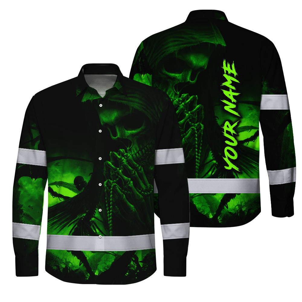 Hi Vis Hawaiian Long Sleeve Shirt Reflective Black Skull Custom Name Safety Workwear For Skull Lover