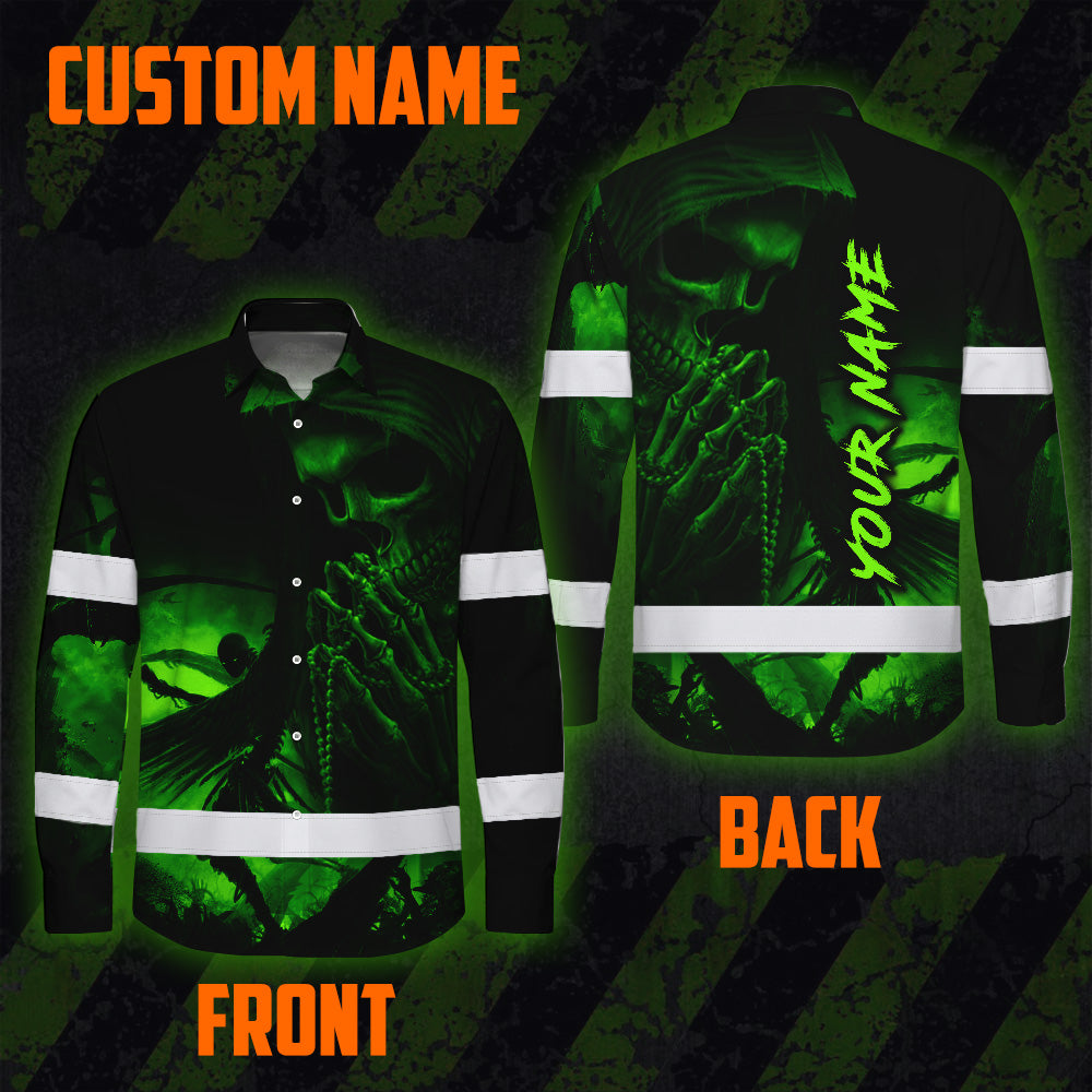 Hi Vis Hawaiian Long Sleeve Shirt Reflective Black Skull Custom Name Safety Workwear For Skull Lover