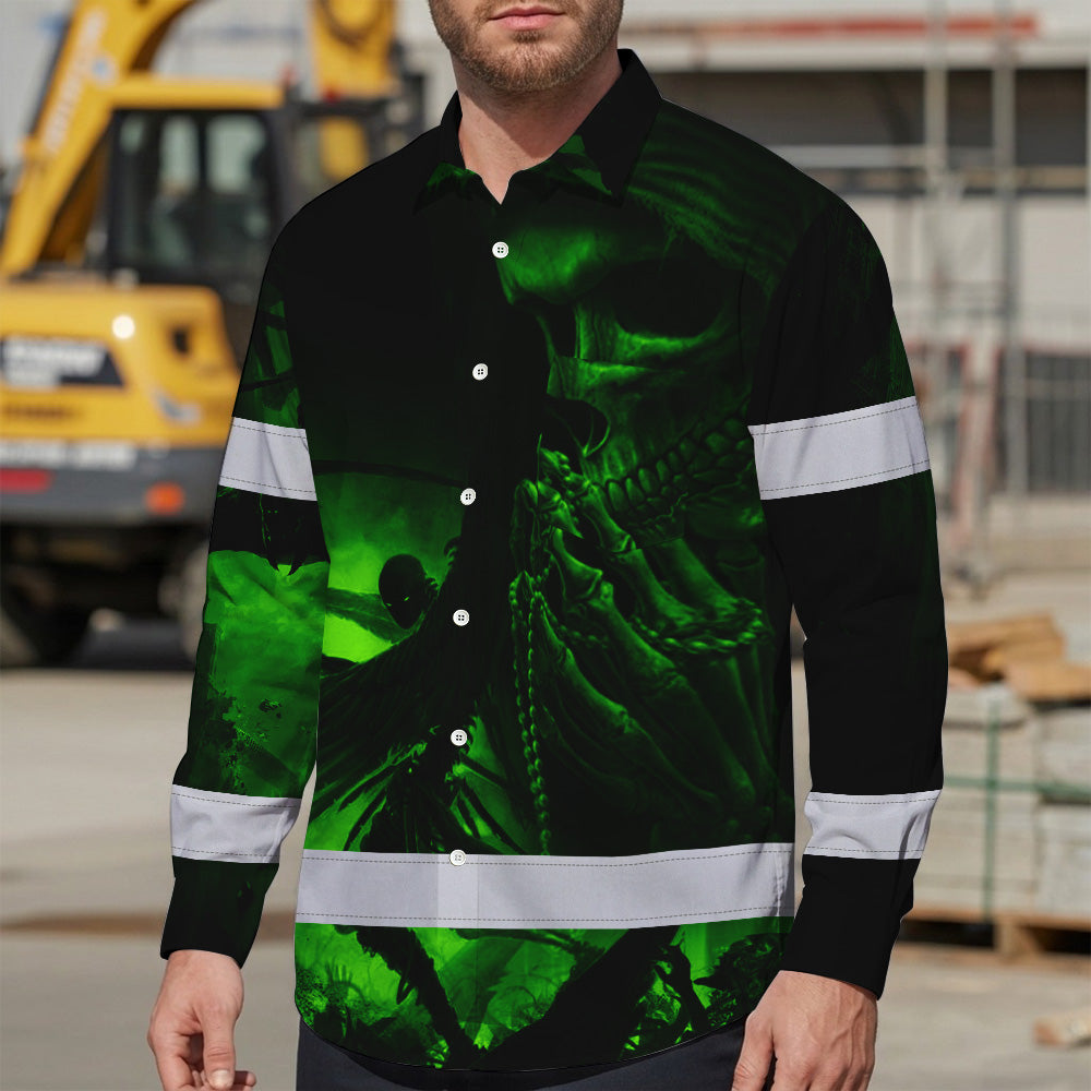 Hi Vis Hawaiian Long Sleeve Shirt Reflective Black Skull Custom Name Safety Workwear For Skull Lover
