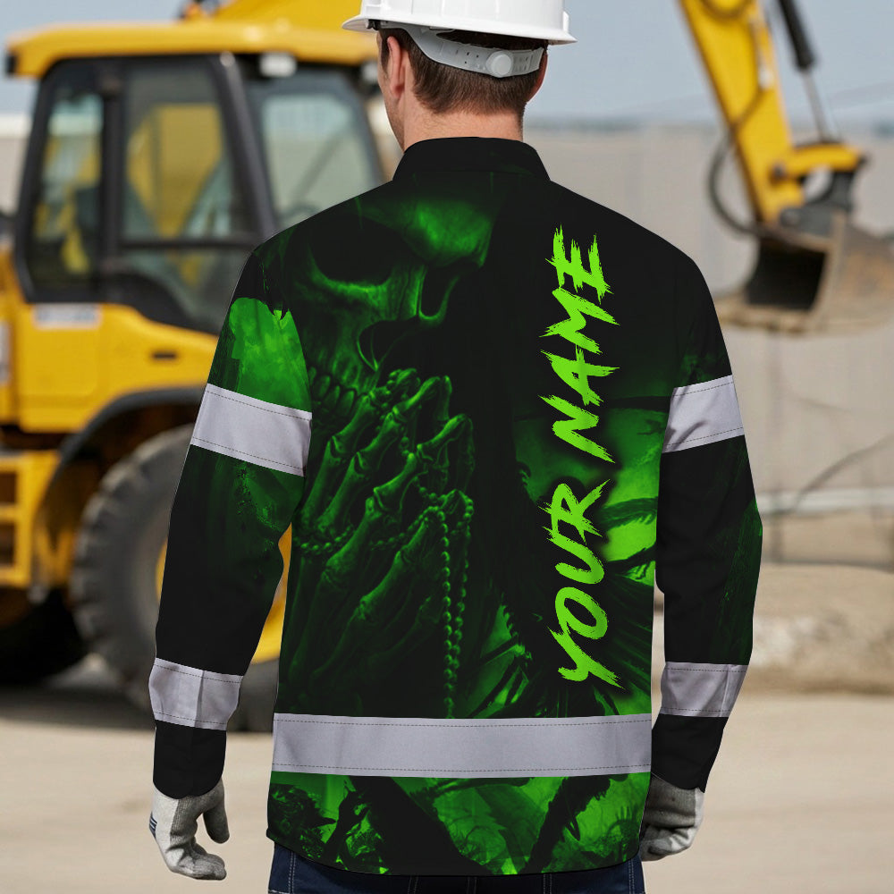 Hi Vis Hawaiian Long Sleeve Shirt Reflective Black Skull Custom Name Safety Workwear For Skull Lover