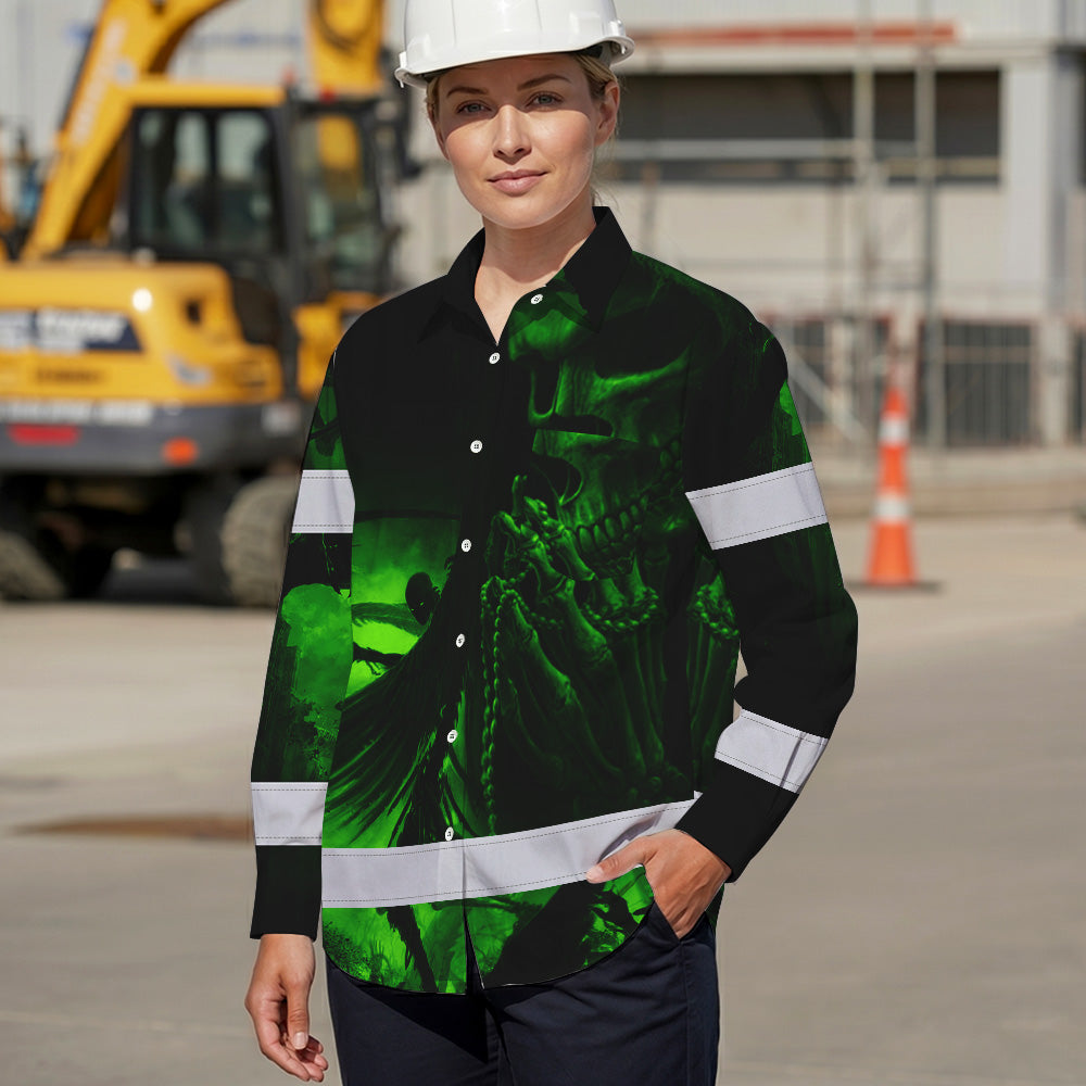 Hi Vis Hawaiian Long Sleeve Shirt Reflective Black Skull Custom Name Safety Workwear For Skull Lover