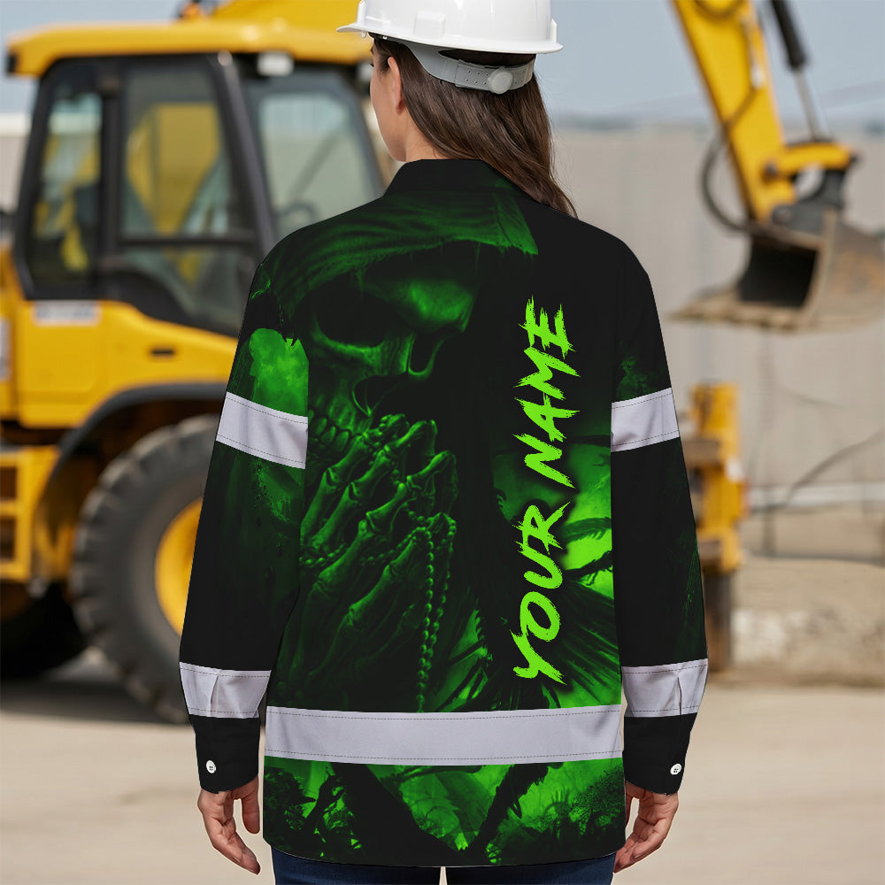 Hi Vis Hawaiian Long Sleeve Shirt Reflective Black Skull Custom Name Safety Workwear For Skull Lover