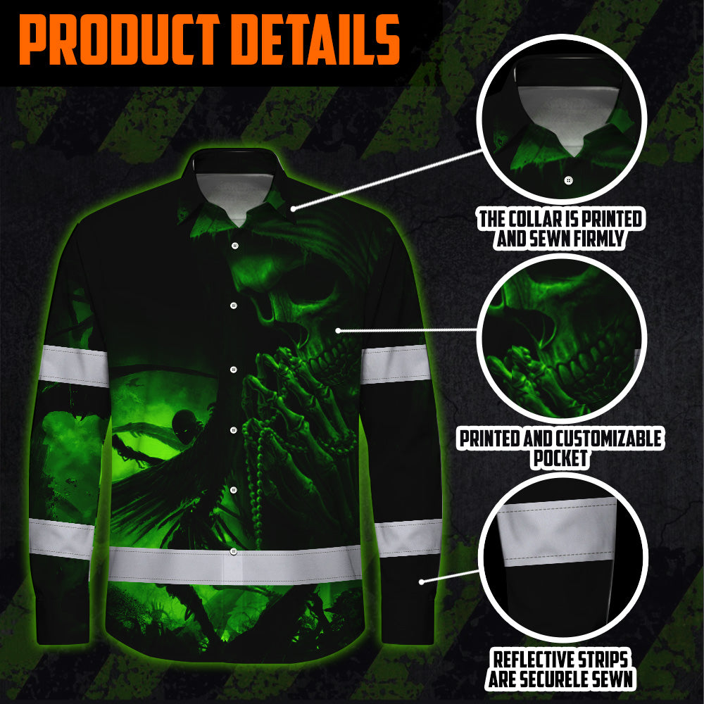 Hi Vis Hawaiian Long Sleeve Shirt Reflective Black Skull Custom Name Safety Workwear For Skull Lover