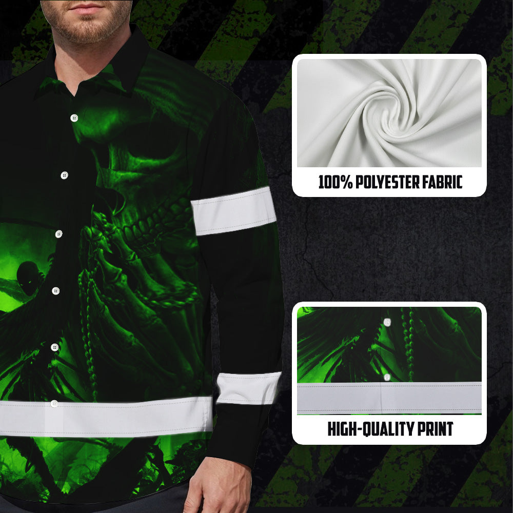 Hi Vis Hawaiian Long Sleeve Shirt Reflective Black Skull Custom Name Safety Workwear For Skull Lover