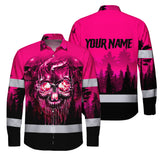 Hi Vis Hawaiian Long Sleeve Shirt Reflective Tapes Skull Pink Neon Workwear Safety For Women Men Worker, Trucker, Operator, Skull Lovers, Drivers, Runne