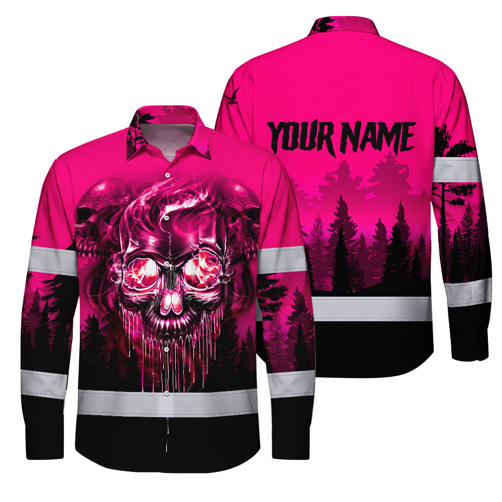Hi Vis Hawaiian Long Sleeve Shirt Reflective Tapes Skull Pink Neon Workwear Safety For Women Men Worker, Trucker, Operator, Skull Lovers, Drivers, Runne