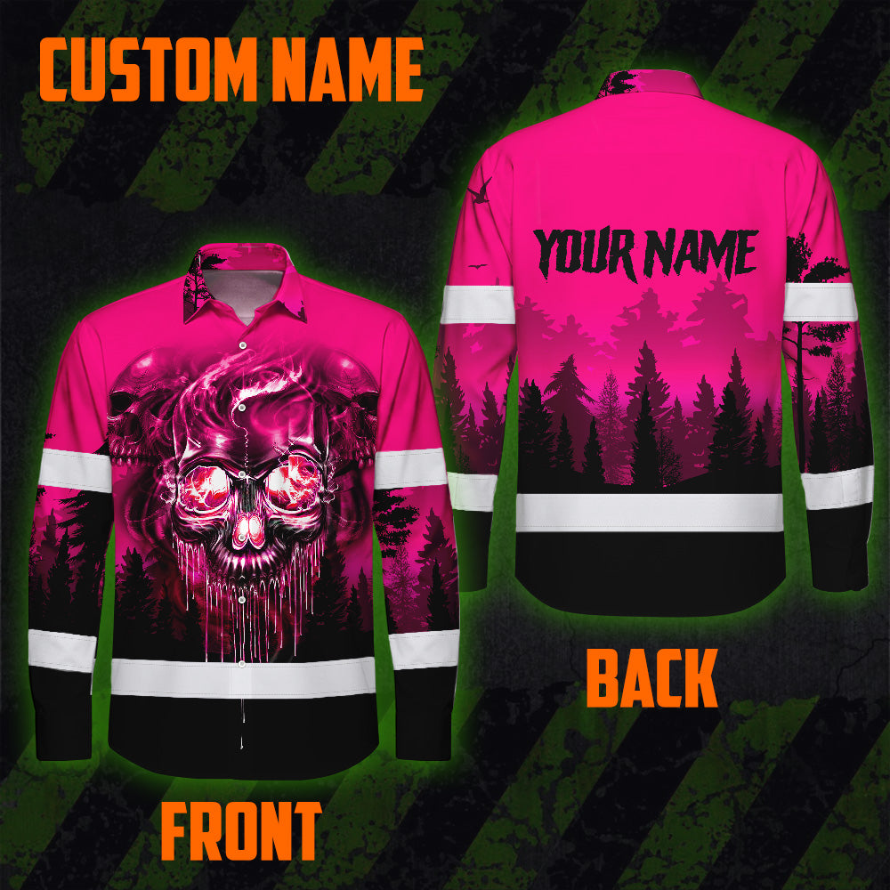 Hi Vis Hawaiian Long Sleeve Shirt Reflective Tapes Skull Pink Neon Workwear Safety For Women Men Worker, Trucker, Operator, Skull Lovers, Drivers, Runne