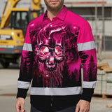 Hi Vis Hawaiian Long Sleeve Shirt Reflective Tapes Skull Pink Neon Workwear Safety For Women Men Worker, Trucker, Operator, Skull Lovers, Drivers, Runne
