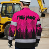 Hi Vis Hawaiian Long Sleeve Shirt Reflective Tapes Skull Pink Neon Workwear Safety For Women Men Worker, Trucker, Operator, Skull Lovers, Drivers, Runne
