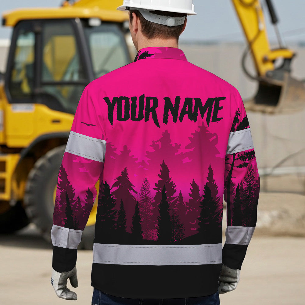 Hi Vis Hawaiian Long Sleeve Shirt Reflective Tapes Skull Pink Neon Workwear Safety For Women Men Worker, Trucker, Operator, Skull Lovers, Drivers, Runne