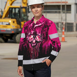Hi Vis Hawaiian Long Sleeve Shirt Reflective Tapes Skull Pink Neon Workwear Safety For Women Men Worker, Trucker, Operator, Skull Lovers, Drivers, Runne