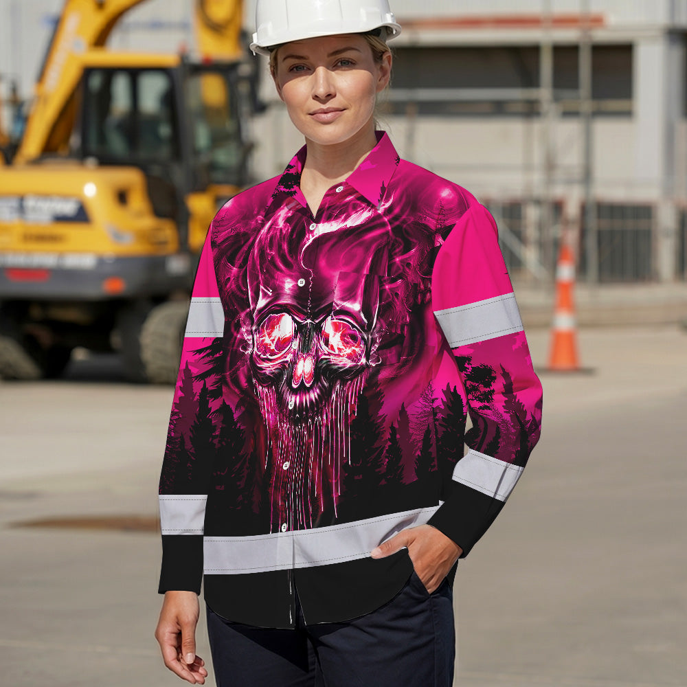 Hi Vis Hawaiian Long Sleeve Shirt Reflective Tapes Skull Pink Neon Workwear Safety For Women Men Worker, Trucker, Operator, Skull Lovers, Drivers, Runne