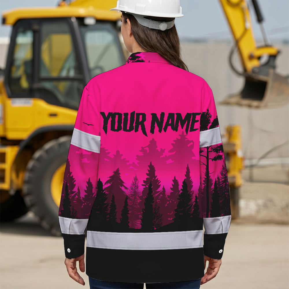 Hi Vis Hawaiian Long Sleeve Shirt Reflective Tapes Skull Pink Neon Workwear Safety For Women Men Worker, Trucker, Operator, Skull Lovers, Drivers, Runne