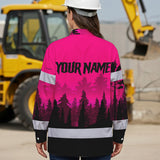 Hi Vis Hawaiian Long Sleeve Shirt Reflective Tapes Skull Pink Neon Workwear Safety For Women Men Worker, Trucker, Operator, Skull Lovers, Drivers, Runne
