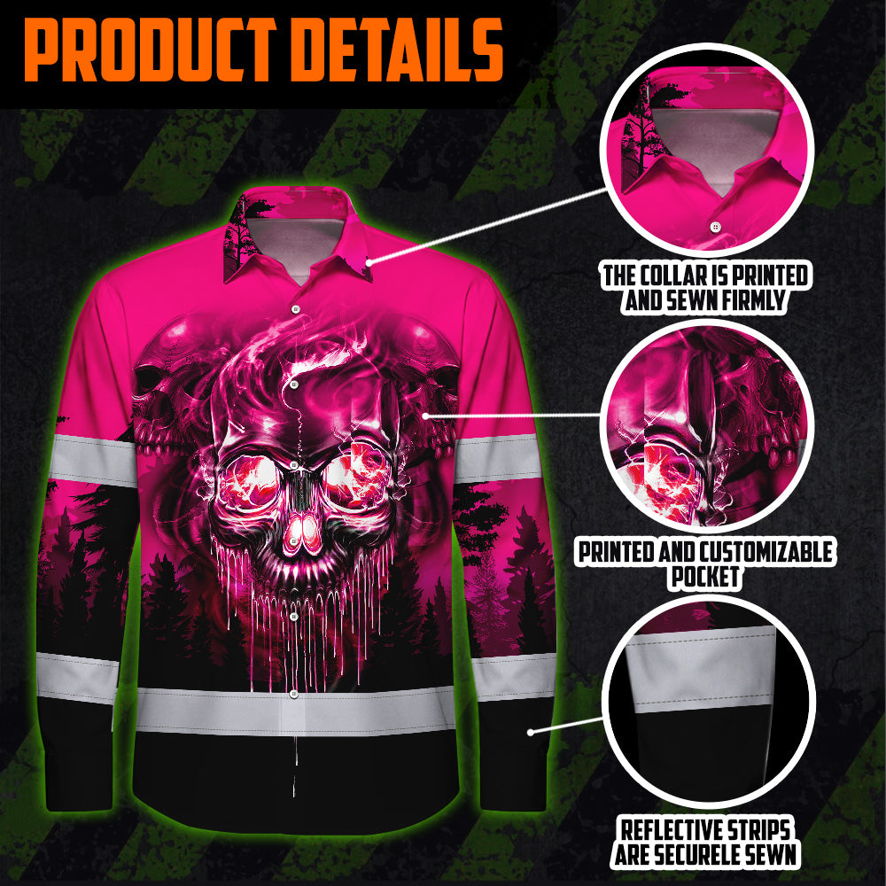 Hi Vis Hawaiian Long Sleeve Shirt Reflective Tapes Skull Pink Neon Workwear Safety For Women Men Worker, Trucker, Operator, Skull Lovers, Drivers, Runne