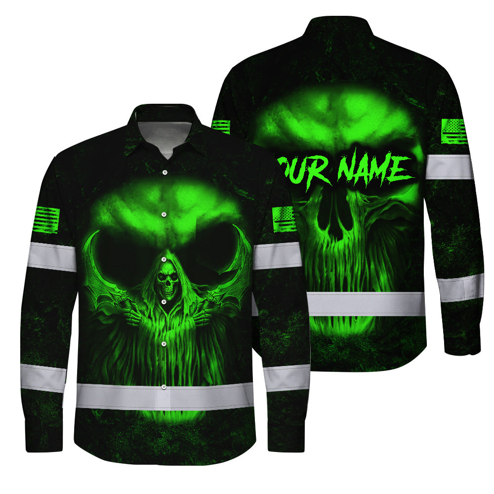 Hi Vis Hawaiian Long Sleeve Shirt Pattern Skull Reflective Safety Workwear For Workers, Runners, Truckers, Skull Lovers