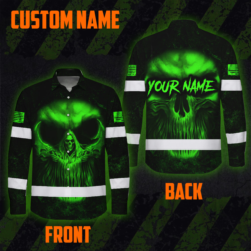 Hi Vis Hawaiian Long Sleeve Shirt Pattern Skull Reflective Safety Workwear For Workers, Runners, Truckers, Skull Lovers