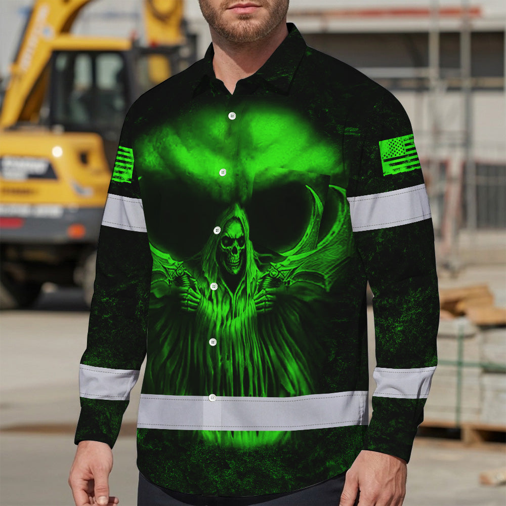 Hi Vis Hawaiian Long Sleeve Shirt Pattern Skull Reflective Safety Workwear For Workers, Runners, Truckers, Skull Lovers