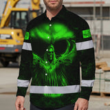 Hi Vis Hawaiian Long Sleeve Shirt Pattern Skull Reflective Safety Workwear For Workers, Runners, Truckers, Skull Lovers