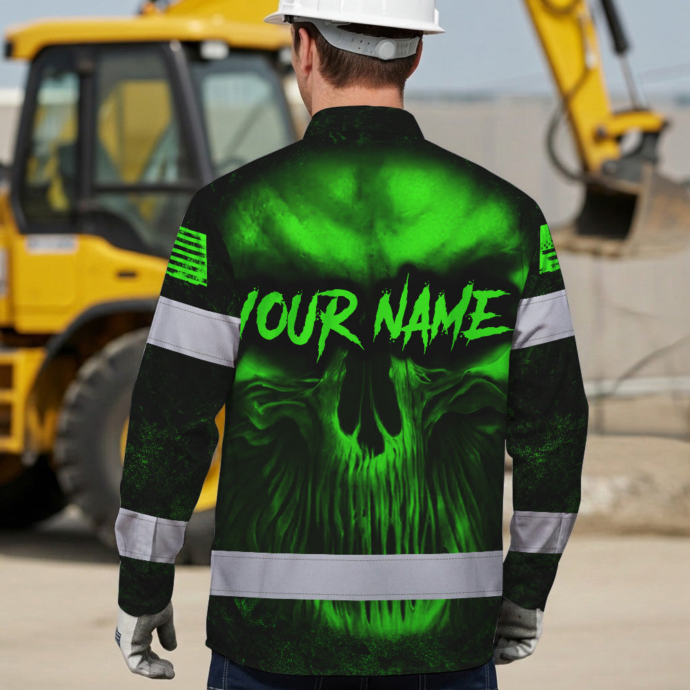Hi Vis Hawaiian Long Sleeve Shirt Pattern Skull Reflective Safety Workwear For Workers, Runners, Truckers, Skull Lovers