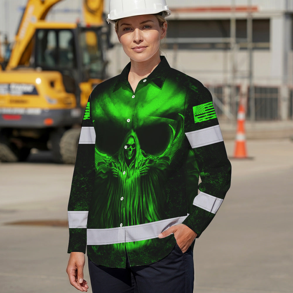 Hi Vis Hawaiian Long Sleeve Shirt Pattern Skull Reflective Safety Workwear For Workers, Runners, Truckers, Skull Lovers