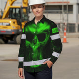 Hi Vis Hawaiian Long Sleeve Shirt Pattern Skull Reflective Safety Workwear For Workers, Runners, Truckers, Skull Lovers