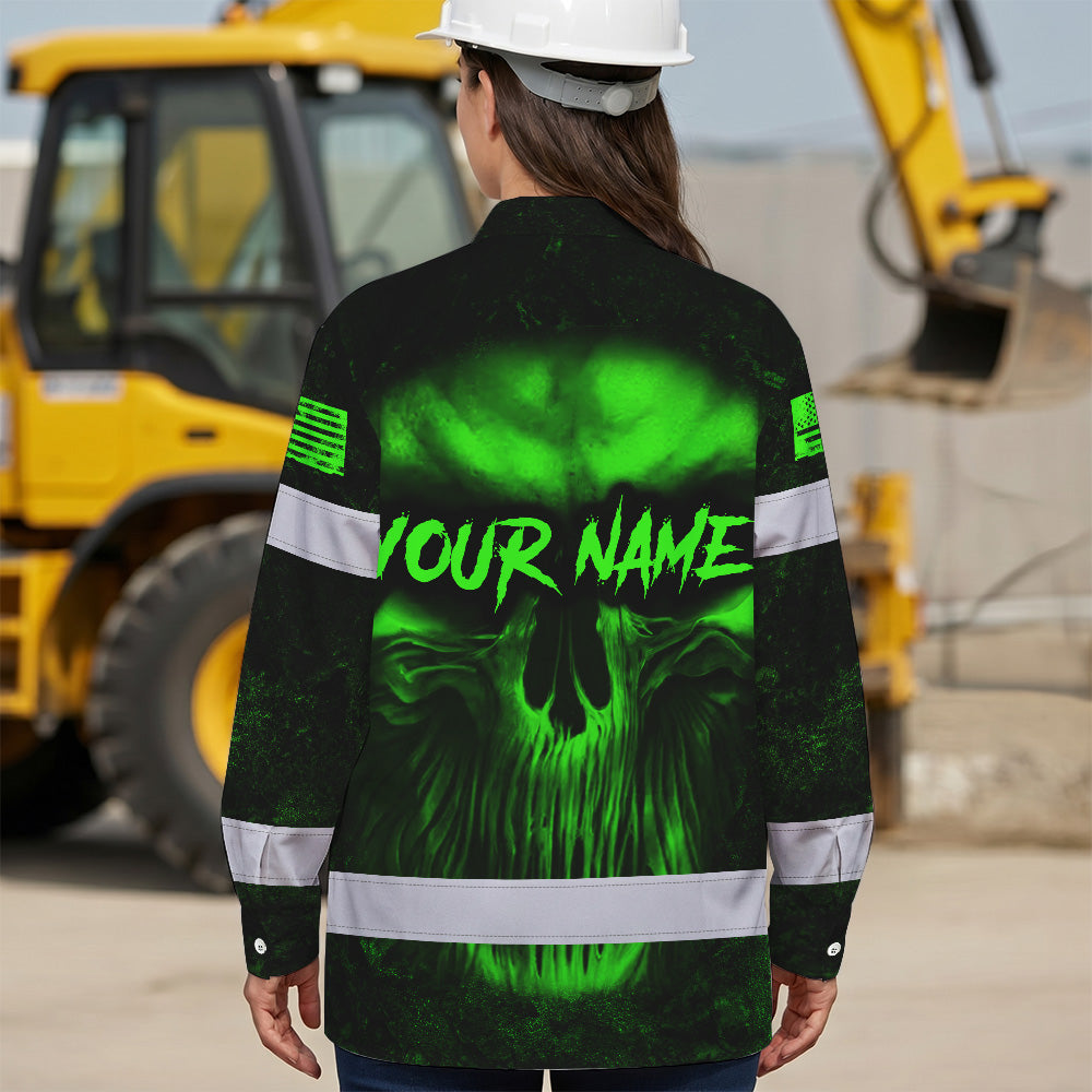 Hi Vis Hawaiian Long Sleeve Shirt Pattern Skull Reflective Safety Workwear For Workers, Runners, Truckers, Skull Lovers