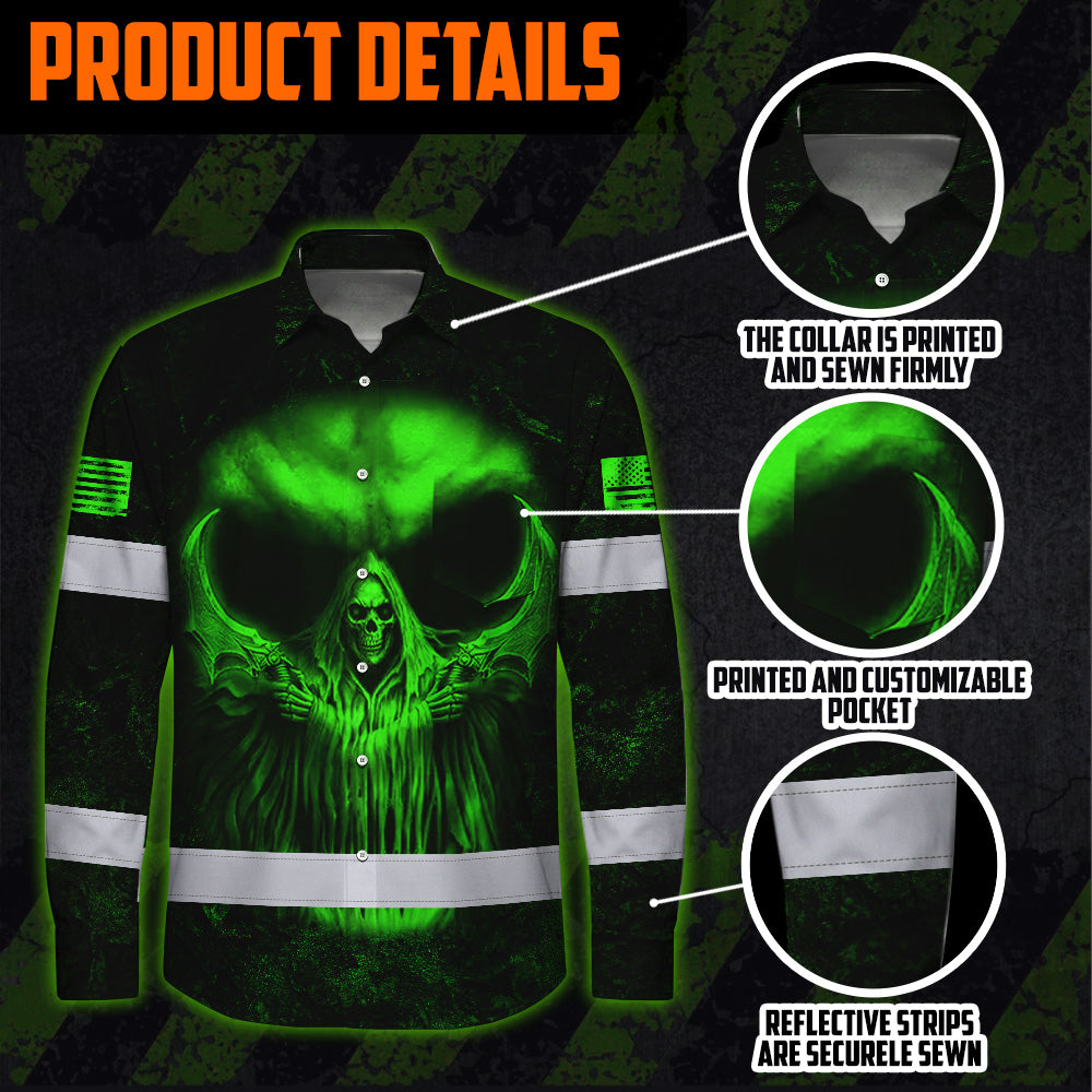 Hi Vis Hawaiian Long Sleeve Shirt Pattern Skull Reflective Safety Workwear For Workers, Runners, Truckers, Skull Lovers