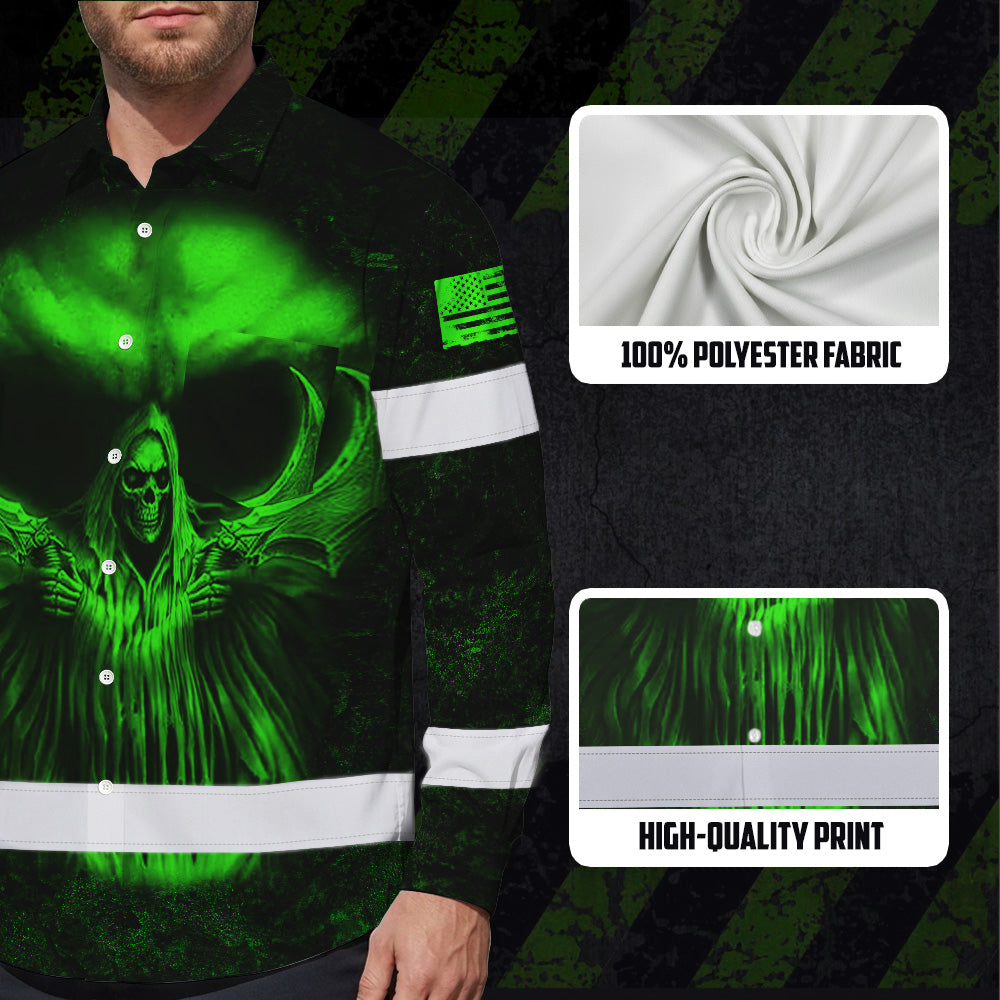 Hi Vis Hawaiian Long Sleeve Shirt Pattern Skull Reflective Safety Workwear For Workers, Runners, Truckers, Skull Lovers