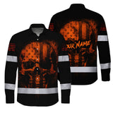 Hawaiian Long Sleeve Shirt Hi Vis Reflective Orange Neon Skull USA Flag Custom Name For Workers, Runners, Truckers, Skull Lovers