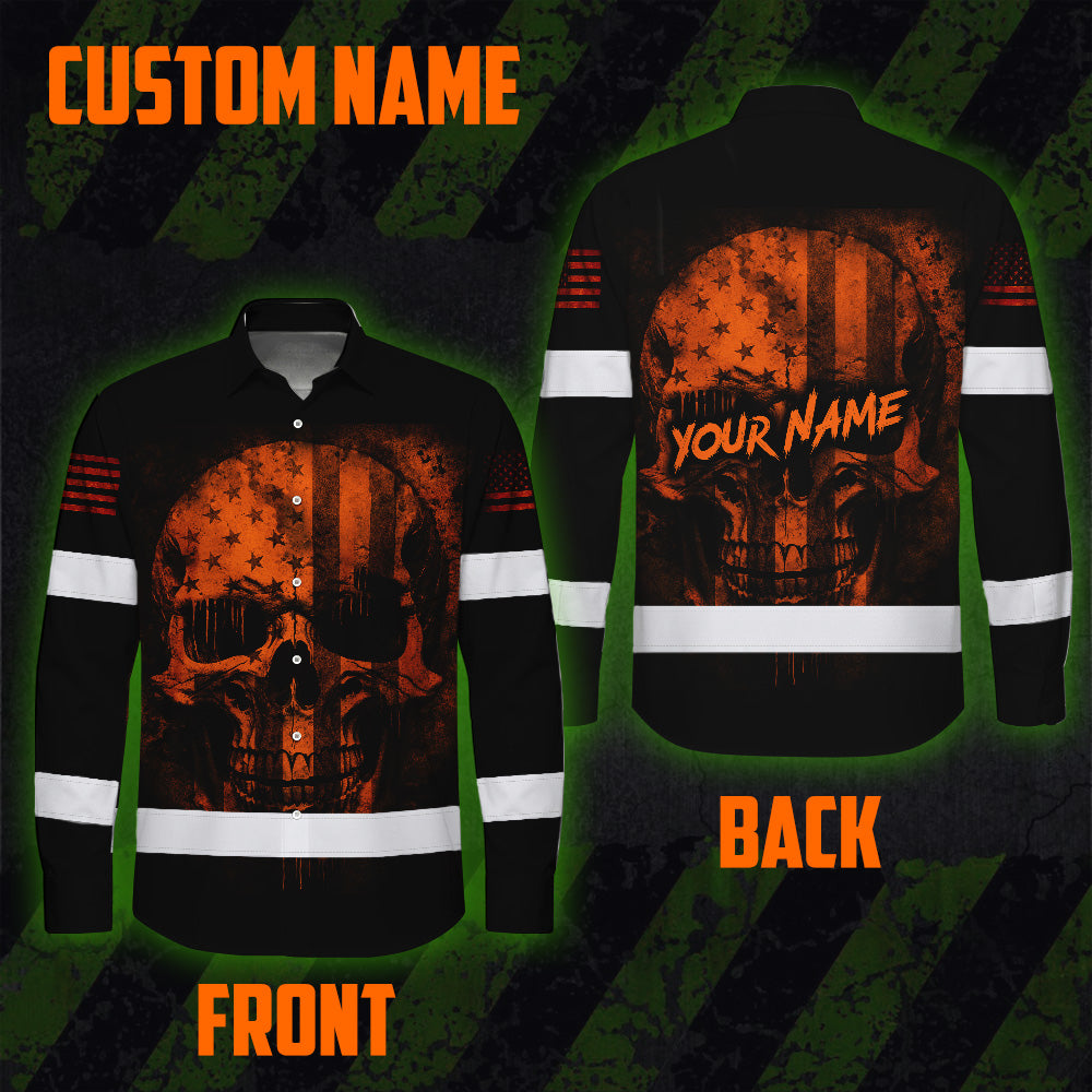 Hawaiian Long Sleeve Shirt Hi Vis Reflective Orange Neon Skull USA Flag Custom Name For Workers, Runners, Truckers, Skull Lovers
