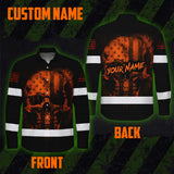 Hawaiian Long Sleeve Shirt Hi Vis Reflective Orange Neon Skull USA Flag Custom Name For Workers, Runners, Truckers, Skull Lovers