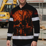 Hawaiian Long Sleeve Shirt Hi Vis Reflective Orange Neon Skull USA Flag Custom Name For Workers, Runners, Truckers, Skull Lovers