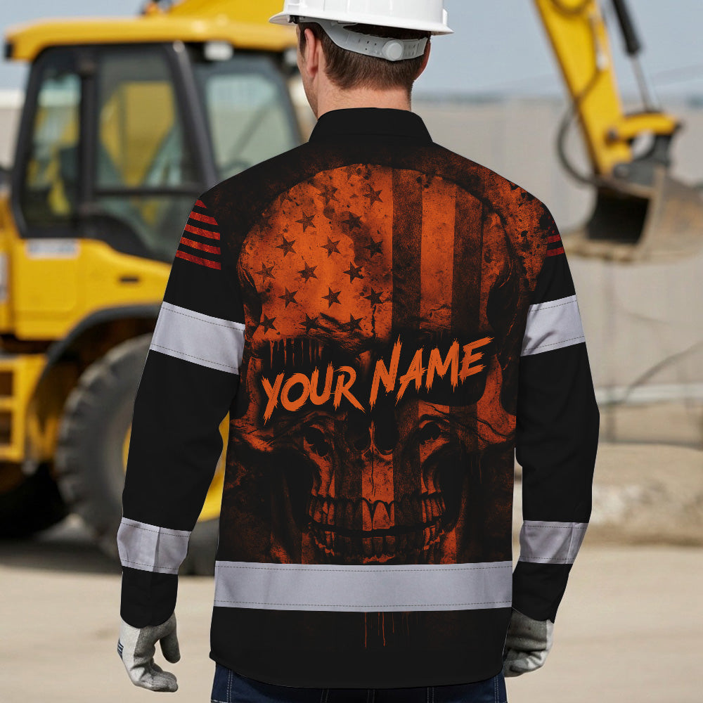 Hawaiian Long Sleeve Shirt Hi Vis Reflective Orange Neon Skull USA Flag Custom Name For Workers, Runners, Truckers, Skull Lovers