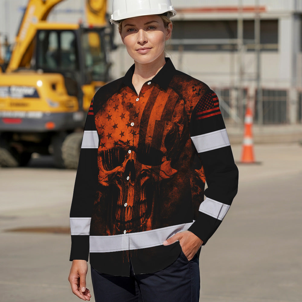 Hawaiian Long Sleeve Shirt Hi Vis Reflective Orange Neon Skull USA Flag Custom Name For Workers, Runners, Truckers, Skull Lovers