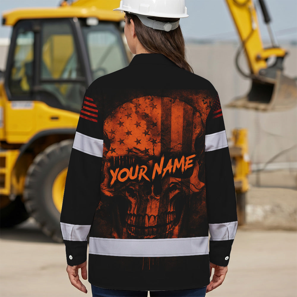 Hawaiian Long Sleeve Shirt Hi Vis Reflective Orange Neon Skull USA Flag Custom Name For Workers, Runners, Truckers, Skull Lovers