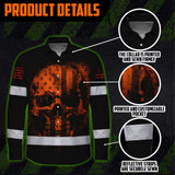 Hawaiian Long Sleeve Shirt Hi Vis Reflective Orange Neon Skull USA Flag Custom Name For Workers, Runners, Truckers, Skull Lovers