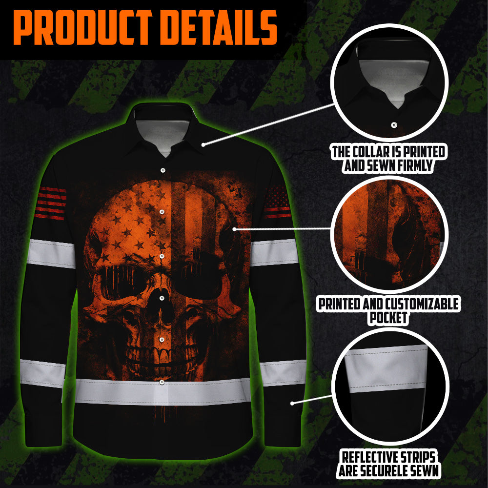 Hawaiian Long Sleeve Shirt Hi Vis Reflective Orange Neon Skull USA Flag Custom Name For Workers, Runners, Truckers, Skull Lovers