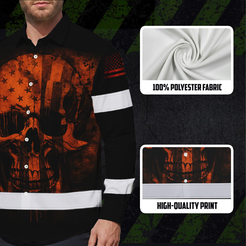 Hawaiian Long Sleeve Shirt Hi Vis Reflective Orange Neon Skull USA Flag Custom Name For Workers, Runners, Truckers, Skull Lovers