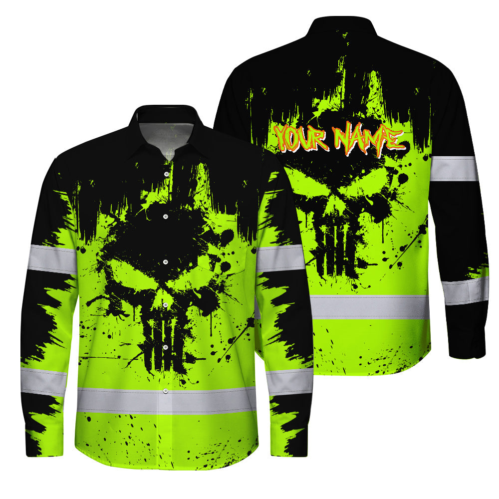 High Visibility Hawaiian Long Sleeve Shirt Reflective Green Neon Skull Custom Name Safety Workwear For Workers, Runners, Truckers, Skull Lovers