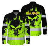 High Visibility Hawaiian Long Sleeve Shirt Reflective Green Neon Skull Custom Name Safety Workwear For Workers, Runners, Truckers, Skull Lovers
