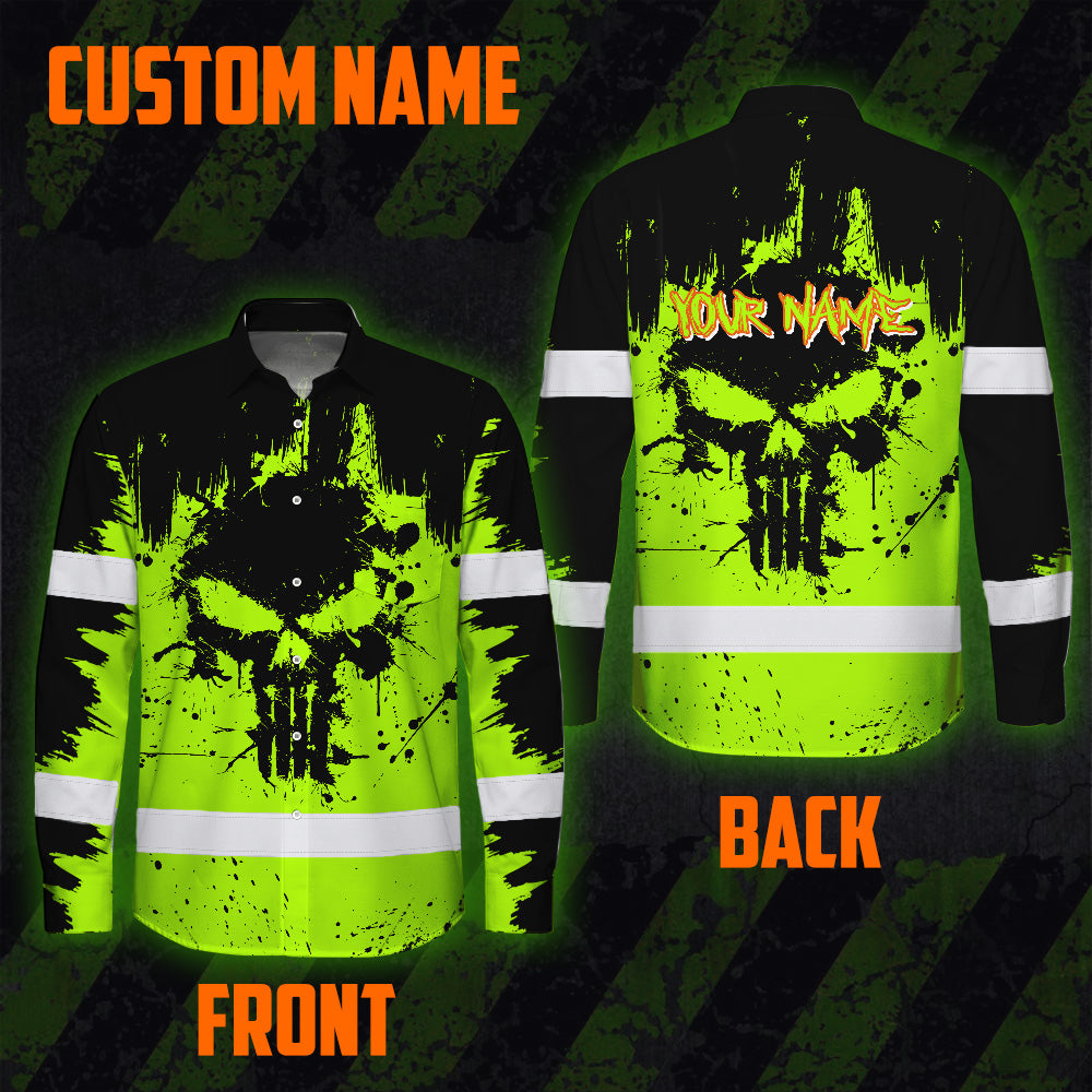 High Visibility Hawaiian Long Sleeve Shirt Reflective Green Neon Skull Custom Name Safety Workwear For Workers, Runners, Truckers, Skull Lovers