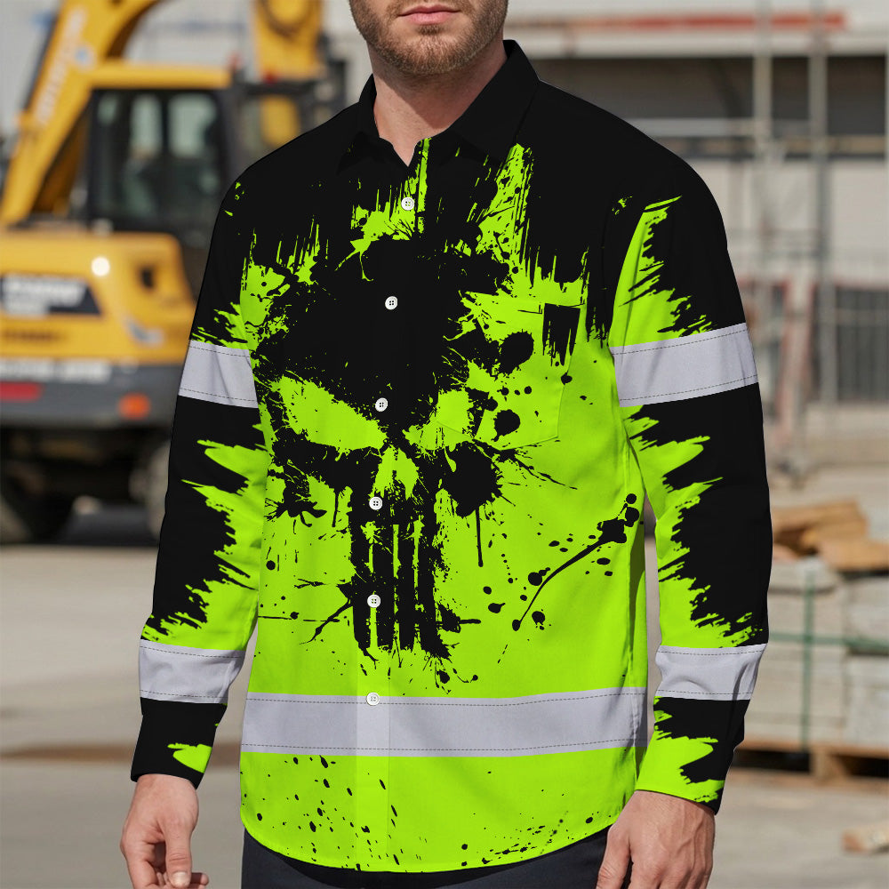 High Visibility Hawaiian Long Sleeve Shirt Reflective Green Neon Skull Custom Name Safety Workwear For Workers, Runners, Truckers, Skull Lovers
