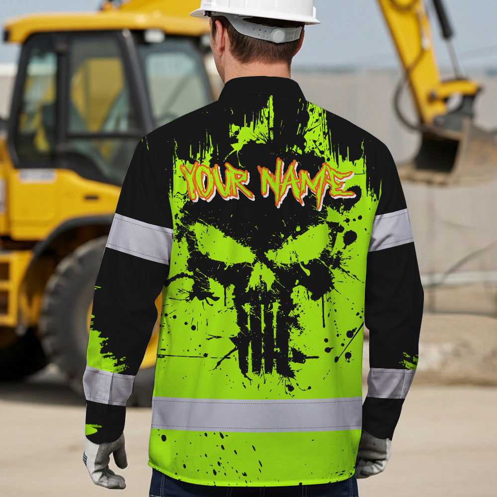 High Visibility Hawaiian Long Sleeve Shirt Reflective Green Neon Skull Custom Name Safety Workwear For Workers, Runners, Truckers, Skull Lovers