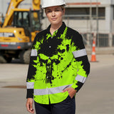 High Visibility Hawaiian Long Sleeve Shirt Reflective Green Neon Skull Custom Name Safety Workwear For Workers, Runners, Truckers, Skull Lovers