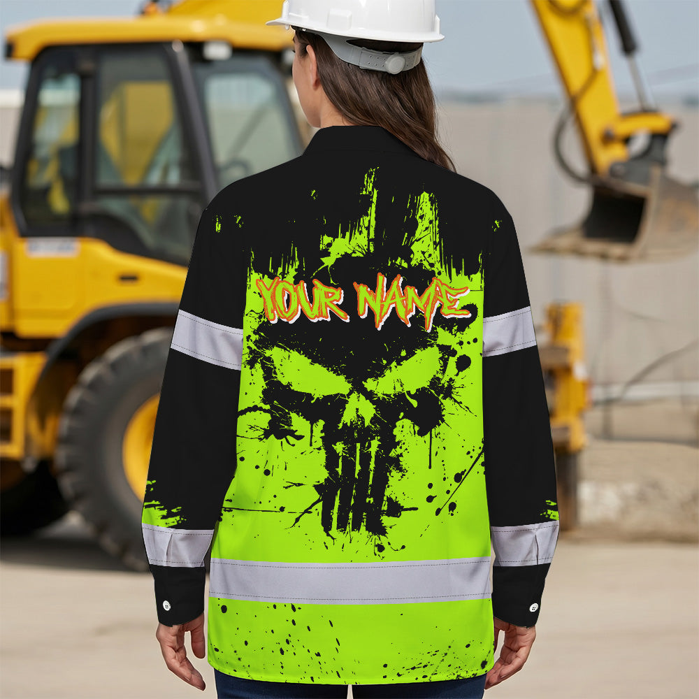 High Visibility Hawaiian Long Sleeve Shirt Reflective Green Neon Skull Custom Name Safety Workwear For Workers, Runners, Truckers, Skull Lovers