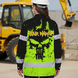 High Visibility Hawaiian Long Sleeve Shirt Reflective Green Neon Skull Custom Name Safety Workwear For Workers, Runners, Truckers, Skull Lovers