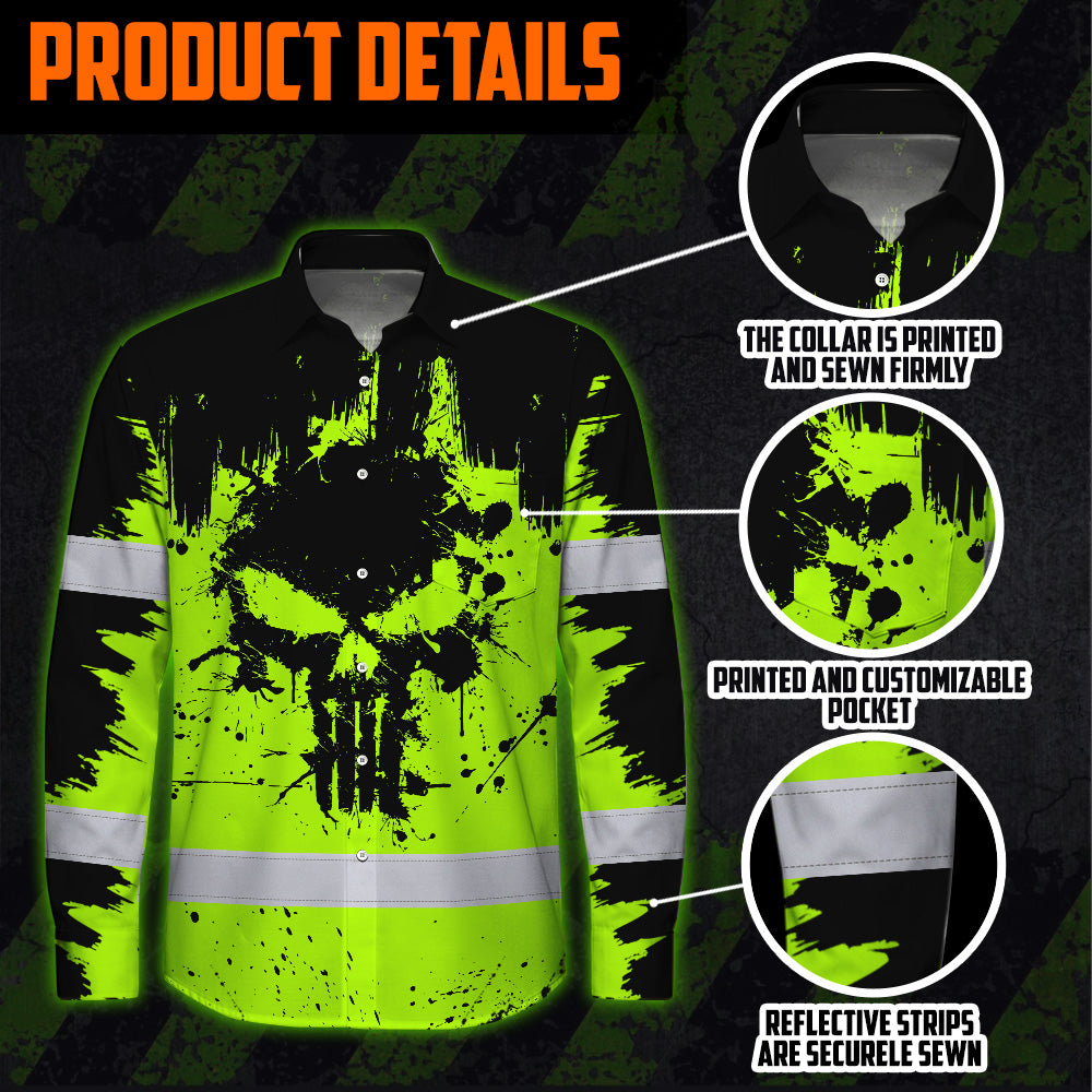 High Visibility Hawaiian Long Sleeve Shirt Reflective Green Neon Skull Custom Name Safety Workwear For Workers, Runners, Truckers, Skull Lovers