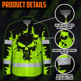 High Visibility Hawaiian Long Sleeve Shirt Reflective Green Neon Skull Custom Name Safety Workwear For Workers, Runners, Truckers, Skull Lovers