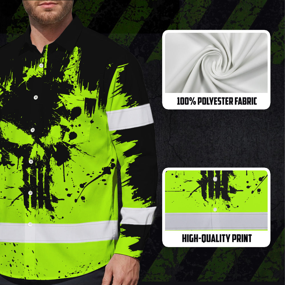 High Visibility Hawaiian Long Sleeve Shirt Reflective Green Neon Skull Custom Name Safety Workwear For Workers, Runners, Truckers, Skull Lovers